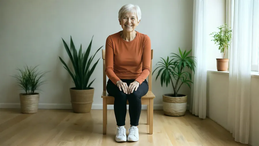 Easy Chair Yoga instructor sitting on a wooden chair in a bright living room